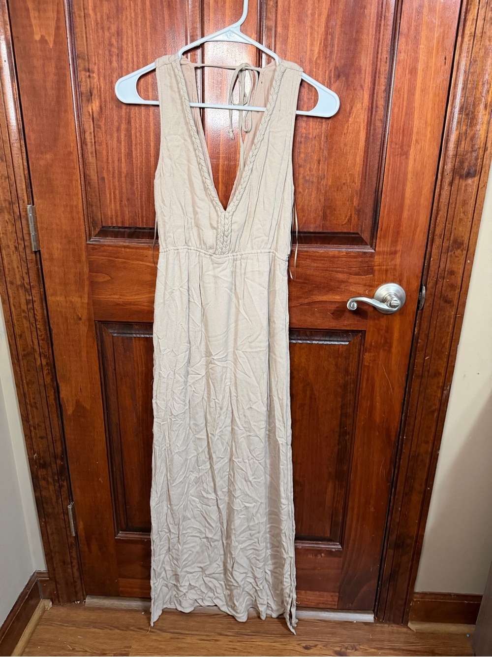 chic Beige Maxi Dress with Deep V-Neck